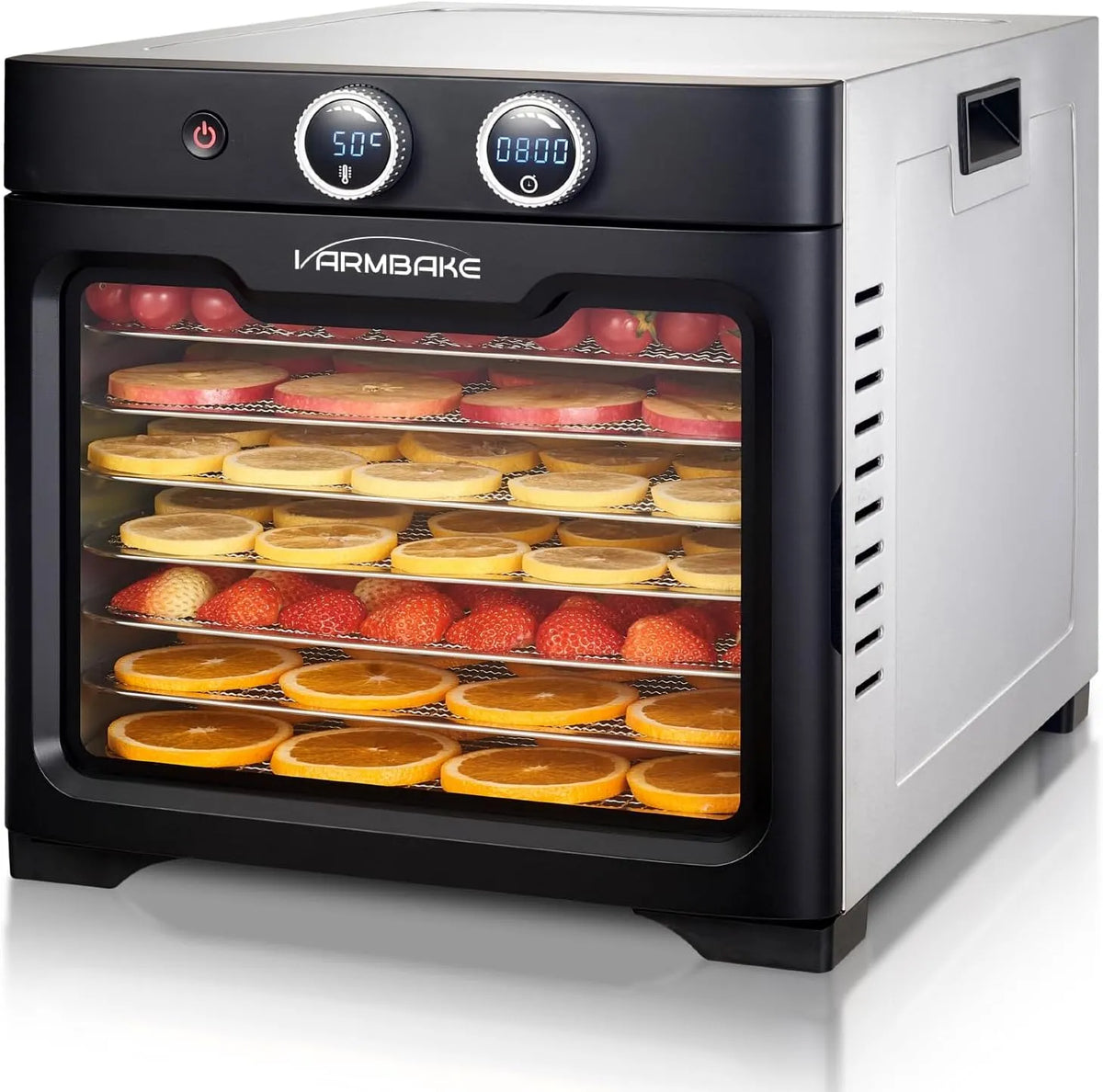 Droger met Voedseldroger RVS, 0,56 m2 droogoppervlak, 30-90 °C, 8 etages en voor groenten en fruit, kleine voedseldroger 1000 W