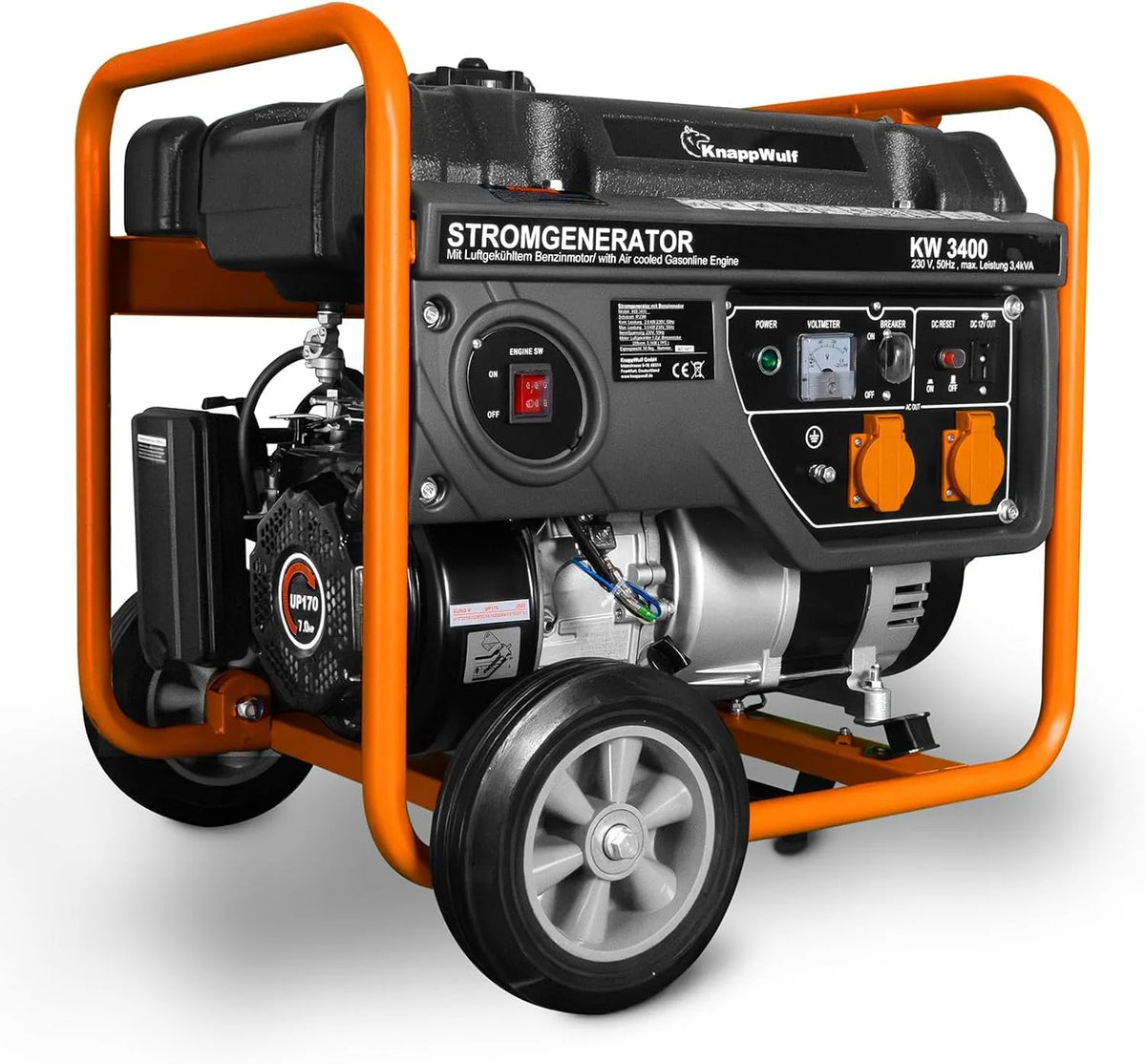 Generator, 15L, 2x230V, 1x12V, 4-takt benzinemotor 7 PK, 3000 watt, noodstroomaggregaat, AVR, olie-droogloopbeveiliging, industrieel