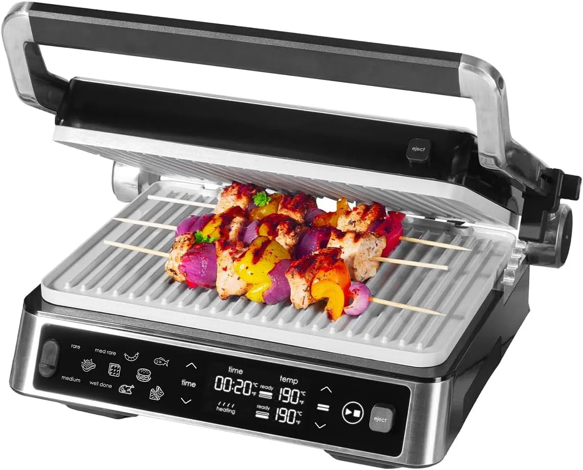 Genius Chef Contactgrill met incl. 2 grillplaten, afneembare grillplaten, elektrische grill RVS voor sandwiches steak, set 6-delig en grijs