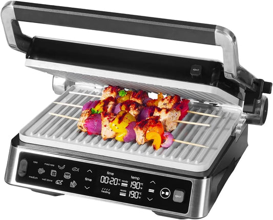 Genius Chef Contactgrill met incl. 2 grillplaten, afneembare grillplaten, elektrische grill RVS voor sandwiches steak, set 6-delig en grijs