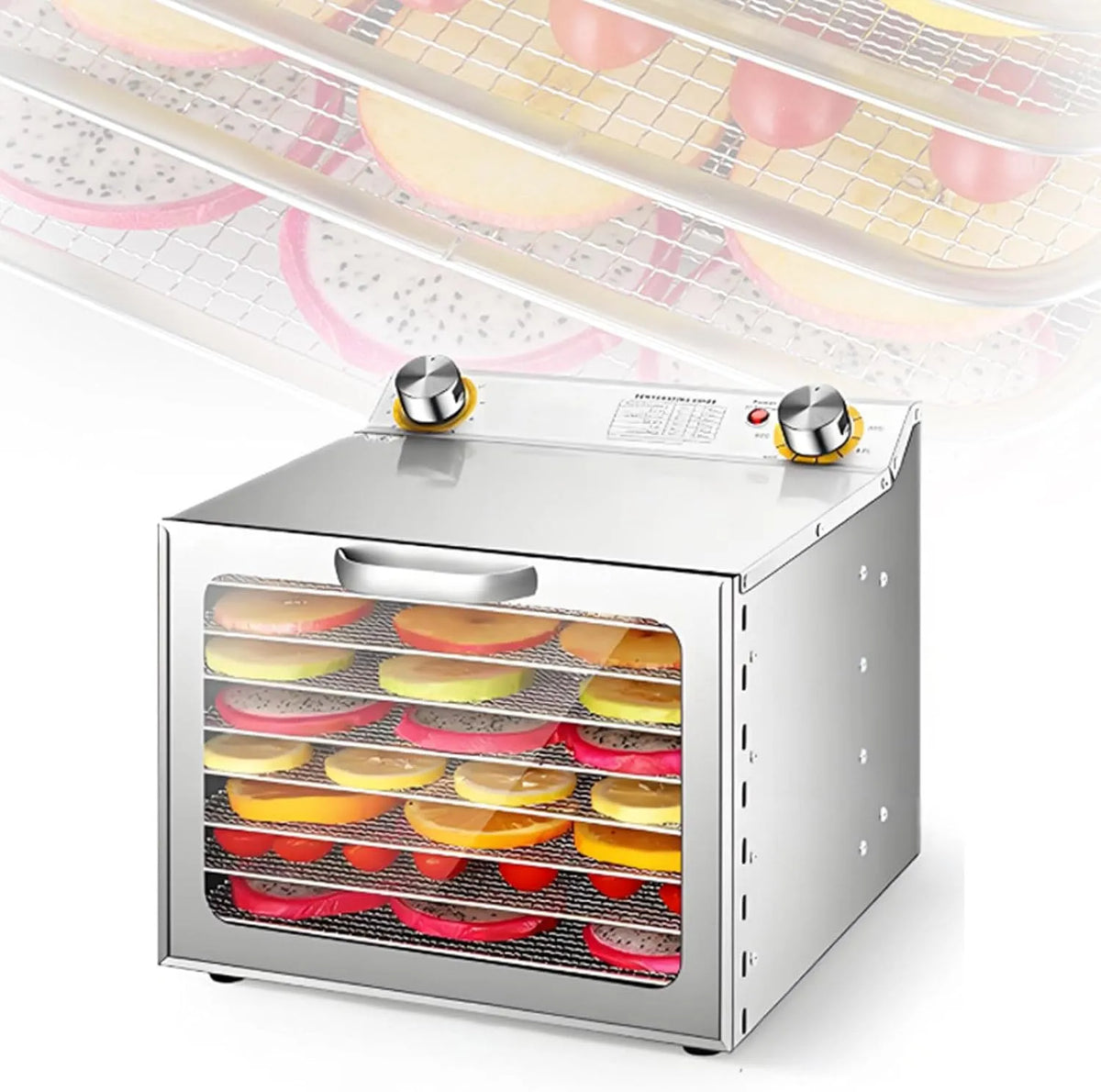 Droger met 400 W, 30°C, 90°C, 0-24 uur, timer, regelbare thermostaat en RVS