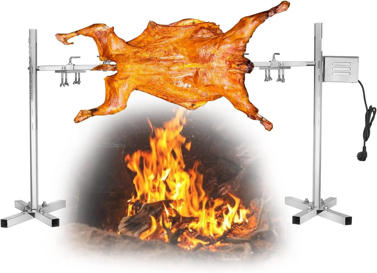 Barbecue, 15 W, in hoogte verstelbaar, draagbare motor, camping, roestvrijstalen braadset voor maximaal 70 kg, speenvarkgrill, outdoor grillen