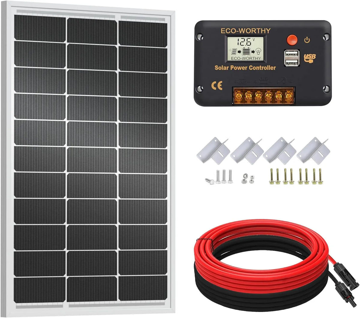 Zonnepaneel, 30 A, ECO-WORTHY 100 W 12 V zonnepaneel kit, kit voor camper boot 12 V batterij